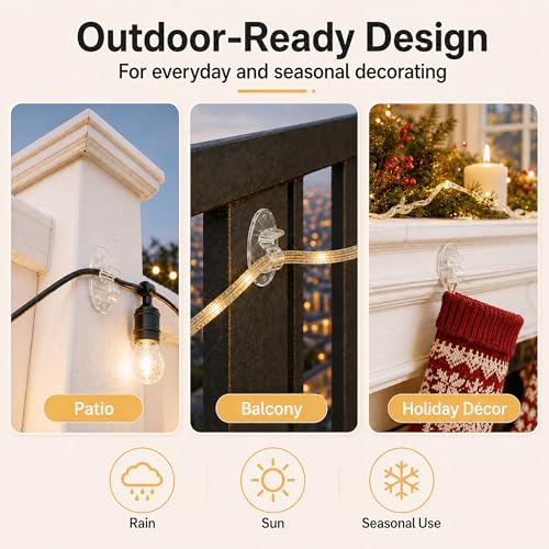 Outdoor String Lights Adhesive Hooks - 40Pcs Clips 3X Stronger Adhesion - color: Clear 40 hooks