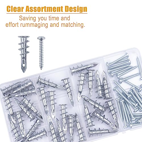 KURUI #8 Zinc Self-Drilling Drywall Anchors, 60PCs Hollow Metal Wall Anchors and Screws Kit, 30 Heavy Duty Anchors + 30#8 x 1-1/4'' Screws, 75LB Hanging and Mounting