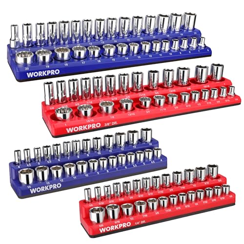 WORKPRO Magnetic Socket Organizer Set, 4-Piece Socket Holder Set - size: 4 Pieces-1/4" & 3/8" DR, SAE & Metric