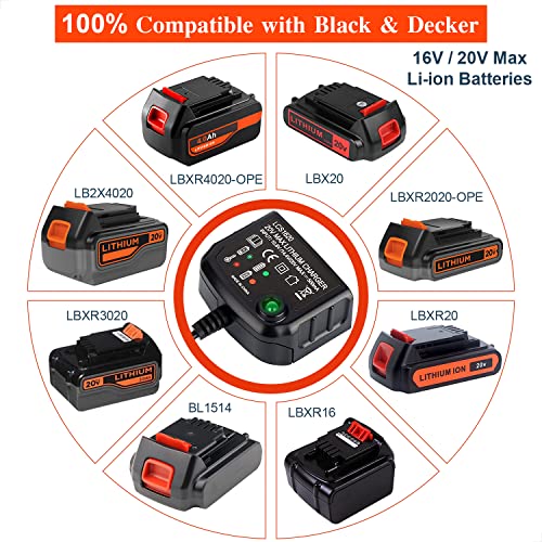 LCS1620 20V Lithium Battery Charger Compatible with Black and Decker 20V Max Li-ion Battery LBXR2020 LBXR20 LBXR2020-OPE LB2X4020 Replacement for Black & Decker Charger LCS1620B BDCAC202B