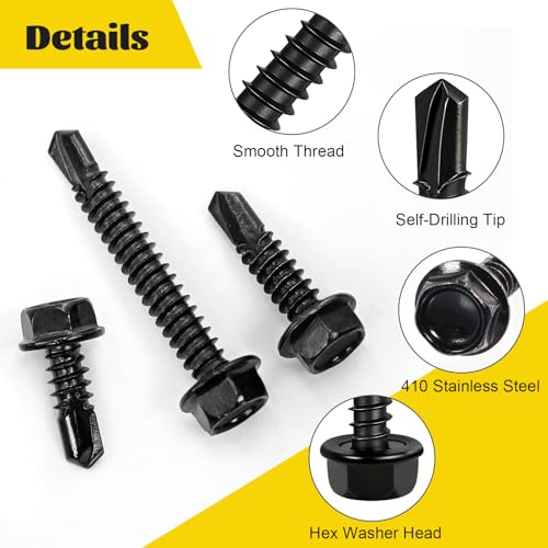 170Pcs #8#10 Black Self Tapping Screws for Metal, #8x1/2'' 3/4'',#10x1'' 1-1/2'' Hex Washer Head Self Drilling Screws Assortment Kit, 410 Stainless Steel Sheet Metal Screw - size: 170pcs #8#10 Black