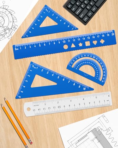 Honagu Triangular Ruler Set, 4+1Pieces Aluminum Alloy Ruler, Metal Drafting Ruler, Geometric Protractor for Students, School Office Supplies (Sky blue, 20cm) - color: Sky Blue