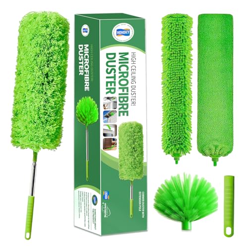 dusters for Cleaning extendable Long Handle，Webster Cobweb Duster with Extension Pole，Spider Web Remover Brush with Pole，Outdoor Web Cleaner Outside for use on Ceilings, cabinets, Walls, Light - color: Green