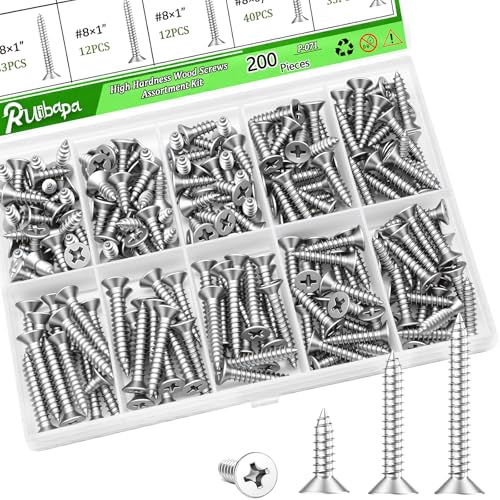 200PCS 304 Stainless Steel High Hardness Wood Screws Assortment Kit, 3 Sizes #8×1/2",#8×3/4",#8×1",Phillips Drive Flat Head, Wood Screws, Screws, Assorted Screws, Screws Set,Sheet Metal Screws - size: 200PCS-SV