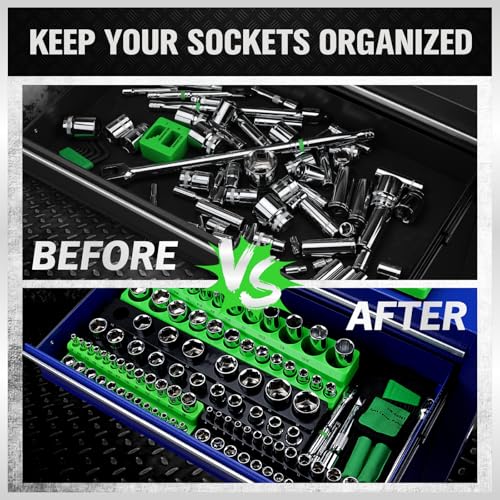 Magnetic Socket Organizer Holder Tool: 8PCS Set includes 2PCS 1/4", 4PCS 3/8", 2PCS 1/2" Drive Socket Storage Trays Toolboxs, Holding 199 Slots Soft Rubber Covering Black Green (sockets not included) - style: 8PCS Green/Black