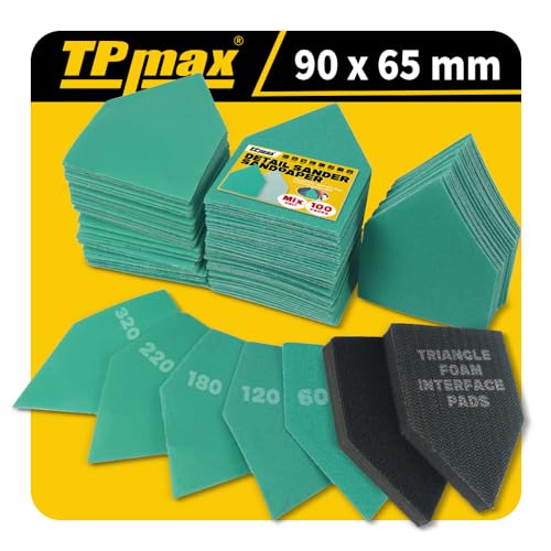 TPmax 102 Pack 90x65mm Detail Sander Set Compatible with Milwaukee M12, 60/120/180/240/320 Grit Sandpaper & 2 Interface Pads, Heavy Duty Hook & Loop Anti Clogging Polyester Film - size: Mixed Grit with 2 Interface Pads