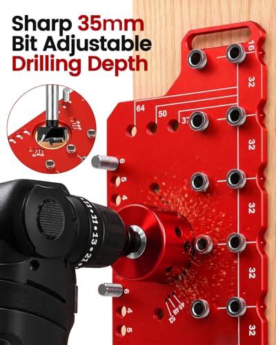 TANYO 2 In 1 Shelf Pin Jig and Hinge Jig, 35mm Drill Bits, Cabinet Hardware - color: Red, size: 11 Hole