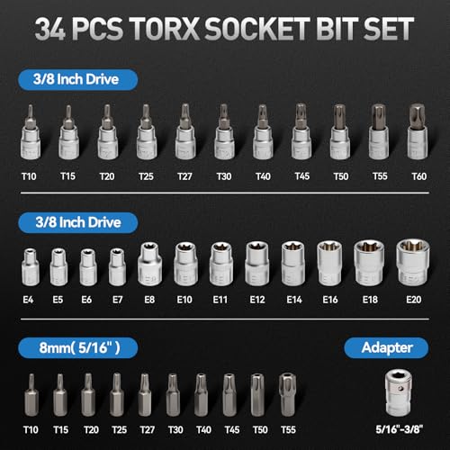 DISEN 34-Piece 3/8'' Drive Torx Star Bit sockets - size: 34pcs 3/8'' Torx Bit Socket