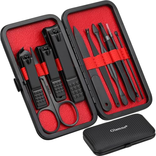 Glamne Manicure Set Nail Clippers Kit Professional Stainless Steel Nail Care Tools with Leather Travel Case 10 in 1 Black - color: Red