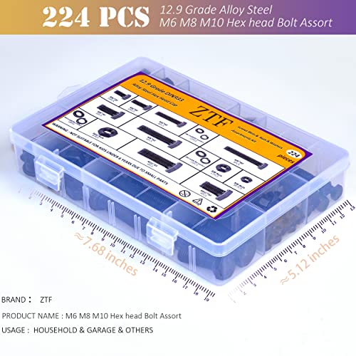 224 PCS Metric M6 M8 M10 Heavy Duty Hex Cap Bolts and Nuts Flat & Lock Washers Assortment Kit, 12.9 Grade Alloy Steel Metric Fully Thread Hexagon Allen Machine Bolt, 8 Most Common Sizes, DIN 933 - style: black-M6 M8 M10 Hex Bolts