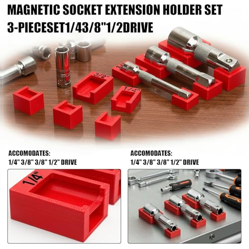 Magnetic Socket Extension Holder Set 3-Piece ratchet Organizer for 1/2", 3/8", and 1/4" Drive Extensions, Professional Garage Drawer Storage with Strong Magnetic Base, Red (Red) - color: Red