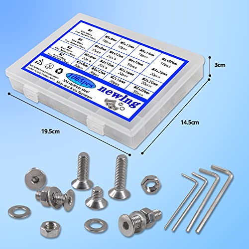 newlng 1065pcs M2 M3 M4 M5 Screws Bolts and Nuts Flat Button Hex Socket Washers Assortment Kit and Wrench Allen Head Machine Screws,for Metal DIY Projects,Tools & Equipment Maintenance - size: B-M2345