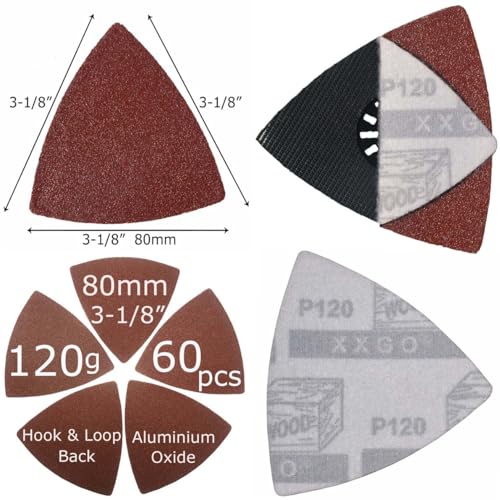 XXGO 60 Pcs 120 Grits 3-1/8 Inch 80mm Triangle Sanding Pads XG8020120 - size: 3-1/8 Inch Triangle - 120 Grit - 60 Pcs