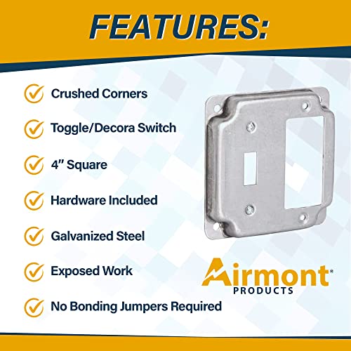 Pack of Box and Cover 4'' Square Electrical Box, One Toggle/One Rocker Switch Exposed Work Cover, Crushed Corners, Welded Construction, Ten 1/2'' and Six TKO Knockouts, Raised Ground, 2-1/8'' Deep - size: Toggle / Rocker