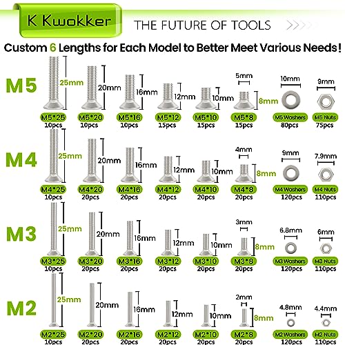 24 Sizes M2 M3 M4 M5 Hex Socket Flat Head Screw Bolts and Nuts Kit, 8MM to 25MM 304 Stainless Steel Nuts and Bolts Assortment Kit Silver Metric Machine Screws 8mm 10mm 12mm 16mm 20mm 25mm - size: D. M2 M3 M4 M5