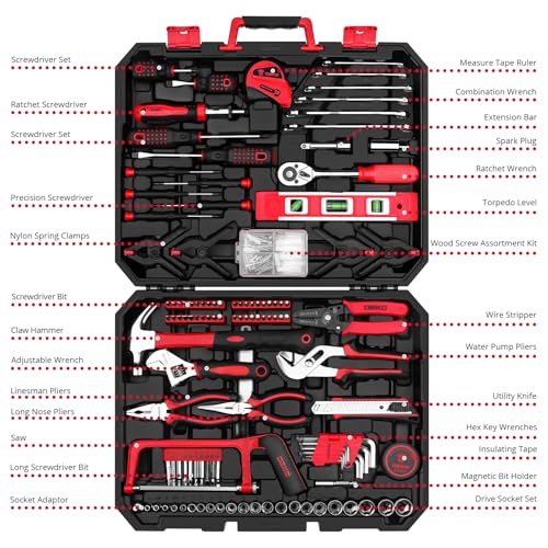 DEKOPRO Tool Set:228 Piece Home Tool Kit, Household Basic Repair Tool Set Comes with Plastic Storage Case, Socket Wrench Set for Car-Red - color: Red