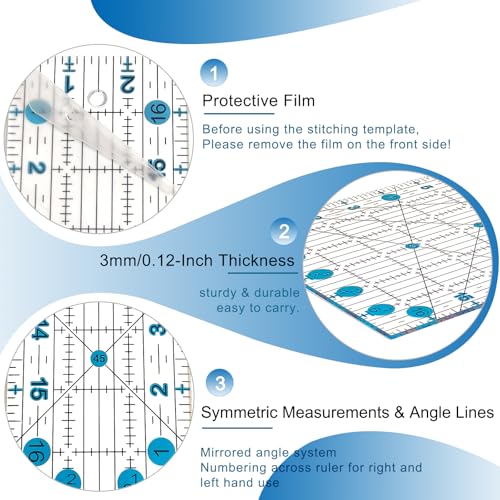 Quilting Ruler, Sewing Ruler, 8 Pack, Acrylic Quilting Templates(6"x17", 3"x17", 2"x16", 1.5"x12", 1"x12", 1"x6", 8"x3"), Non Slip Rings 25 Pieces, Sewing and Quilting Supplies - Clear/Blue - color: blue