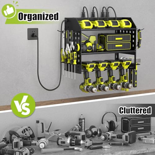SUNALLY Power Tool Organizer Wall Mount with Charging Station,3 Layer,Black - style: 4 Drill Holders E
