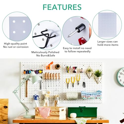 2 Pcs Metal Pegboard Wall Panels - 23.6” x 15.7” Pegboard Wall Organizer System for Walls, Small Peg Board Tool Storage, White Pegboard for Garage, Craft Room, Workbench, Kitchen, Office
