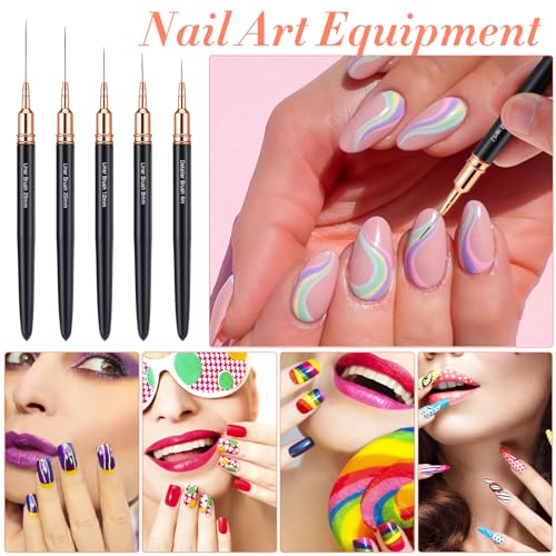 5 Pcs Metallic Nail Art Brushes Liner Brushes Set with Nail Art Mixing Palette Nails Dotting Drawing Tool for Long Lines Thin Detail Fine Liner Brush UV Gel Polish Painting Nails Design 4/8/12/20/25mm