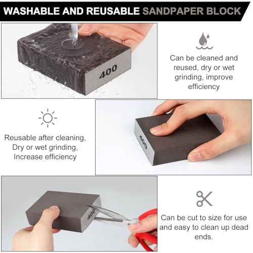 Romeda 8-Pack Sandpaper Block, 400 Grits Washable and Reusable Handmade Sanding Sponge, Drywall Sandpaper Blocks for Wooden Drywall Sheetrock and Metal Glazing - color: 400 Grits, size: 8-Pack