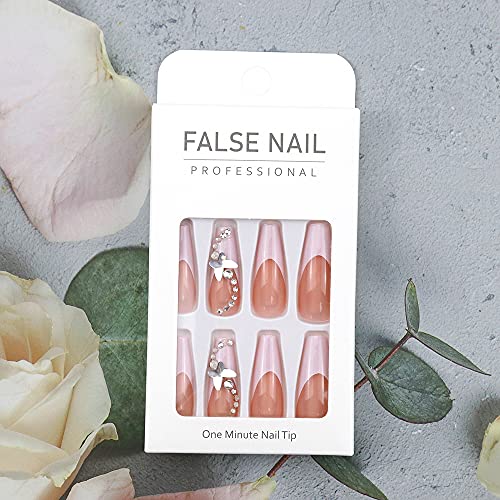 24Pcs Press on Nails Almond - Medium French Tip Fake Nails with Embossed Flower Designs, Glossy Finish Reusable False Nails with Glue Tabs - 24Pcs Nail Kit (White butterflies) - color: White butterflies