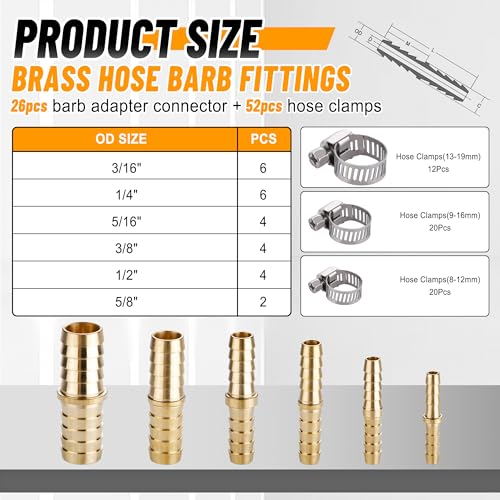26PCS Brass Hose Barb Fittings Splicer Mender Kit with Pipe Clamp - size: 26pcs barb splicer