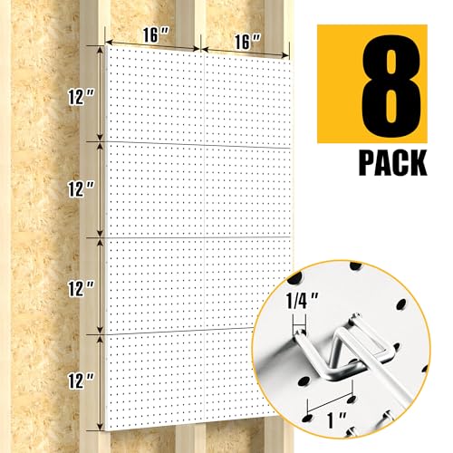 Spampur Peg Board, 8 Pack Metal Pegboard Panels with 50 Hooks - color: White, size: 16x12"- 8 Pcs