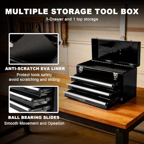 3 Drawer 20“ Metal Tool Box Portable Steel Tool Chest with Metal Latch Closure for Garage, Home and Workbench,Black - size: 20Inch-BLACK