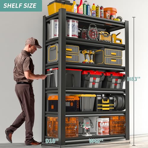 82" H Garage Shelving, 6 Tier Adjustable Heavy Duty Storage Shelves, 2500Lbs Capacity, Powder Coated Metal, Industrial Style, Suitable for Garage, Basement, Workshop - color: Black, size: 17.99"D*48.03"W*82.48"H