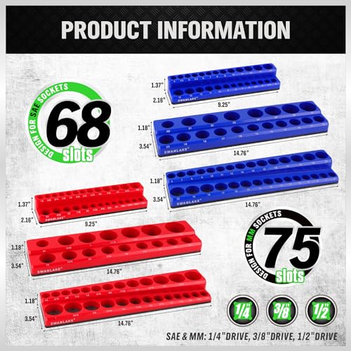 SWANLAKE Magnetic Socket Organizer Set, 1/4", 3/8", 1/2" Sockets Holds 286 Pieces Magnetic Socket Trays (Blue&red&black&green, 12 Pcs) - style: 12PCS Multi-Color