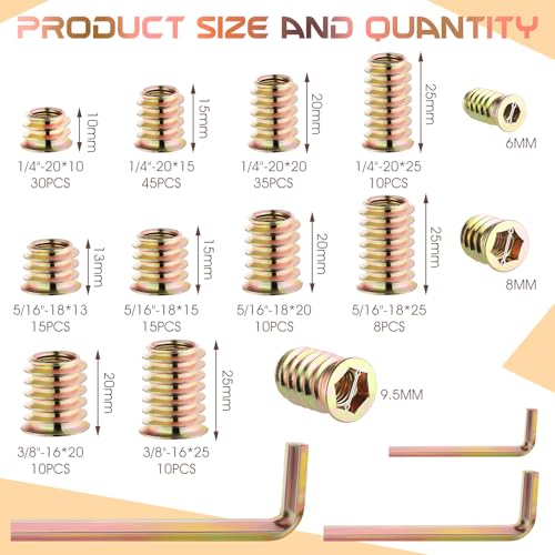 191 Pcs Threaded Inserts for Wood with Hex Wrench, 10 Sizes