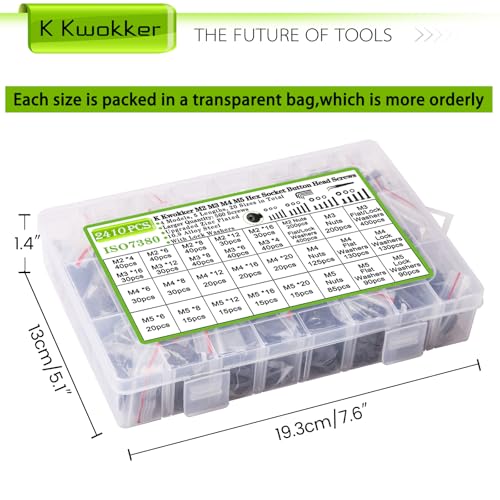 2410Pcs M2 M3 M4 M5 Nuts and Bolts Assortment Kit 4MM to 20MM Upgraded Zinc Plated Hex Button Head Cap Metric Machine Screws, 10.9 Alloy Steel Bolts and Nuts Kit w/Lock Washers for Screws - size: M. M2 M3 M4 M5