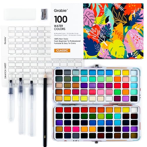 Grabie Watercolor Paint Set of 100 Color with Brush Pens - color: 100 Colors