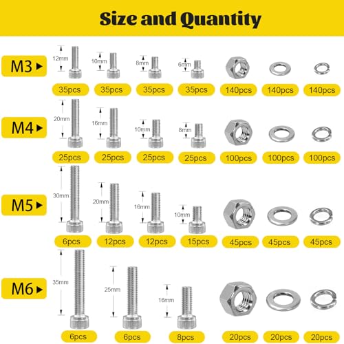 1220PCS M3M4M5M6 Metric Hex Socket Head Screws Assortment Kit - size: SS M3M4M5M6 1220pcs