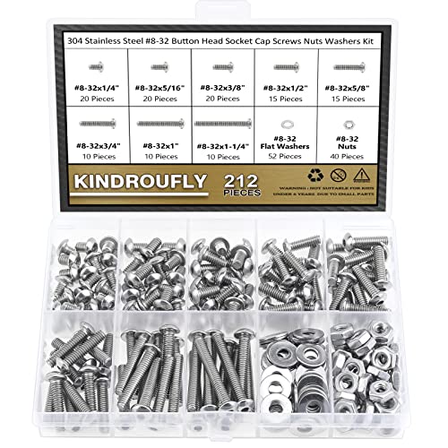 212 Pieces #8-32 x 1/4", 5/16", 3/8", 1/2", 5/8", 3/4", 1", 1-1/4", Button Head Socket Cap Screws Nuts Washers Assortment Kit, 304 Stainless Steel, Fully Machine Thread - size: #8-32, style: Button Head