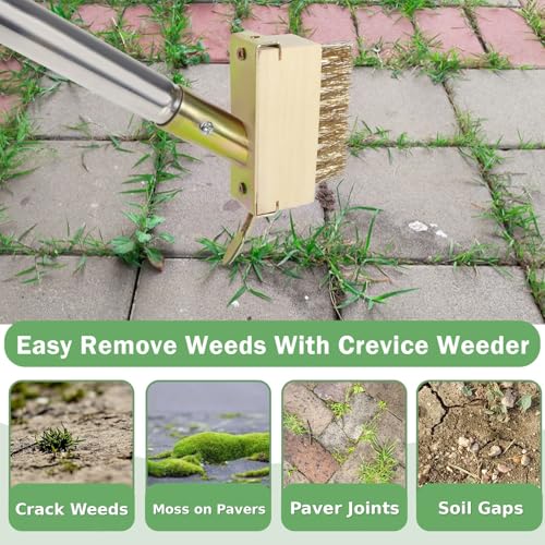 Crack Weeder, Moss Remover Tool, Manual Crevice Weeding Tool, Weed Puller Grout Brush with 66-inch Long Handle for Deck, Paver, Patio, Walkway, Driveway - 2 Weed Brush Heads 07