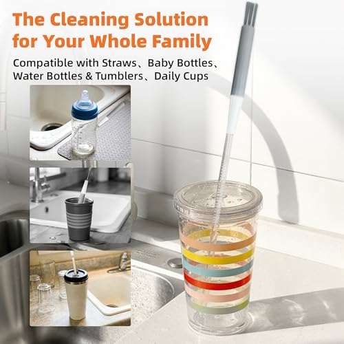 2 Pcs Multi Straw Cleaner Brush, Detachable Cleaning Brushes, Orange & Gray | Fits Plastic/Metal/Glass/ Silicone Straws and Tumbler Lids Gap/Nipple, Food-Grade Nylon, Non-Slip Handle, Easy Storage