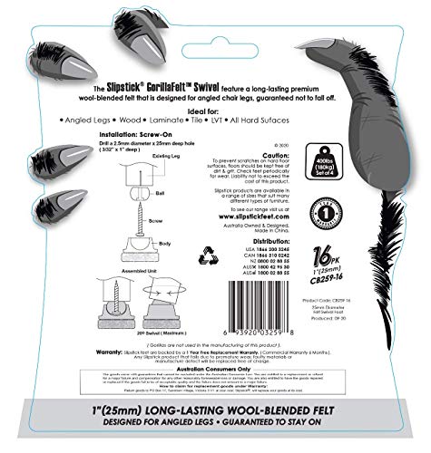 GorillaFelt Swivel Glide Felt Sliders for Chairs (16 Pack) Screw-On Chair Leveler Floor Protectors for Angled Furniture Legs or Straight, 1 Inch Round Felt Glides, CB259-16 - size: Felt Glide 16 Pack