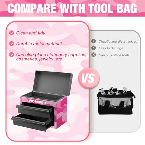 WORKPRO Metal Mini Tool Box with 2 Drawers and Top Storage - color: Pink Camo