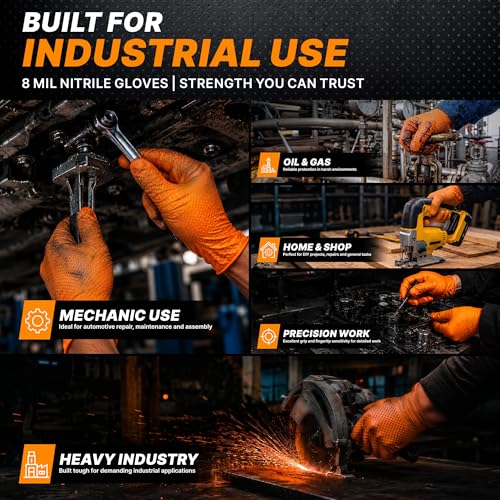 TitanFlex Heavy Duty Industrial Orange Nitrile Gloves, 8-mil, Gloves Disposable Latex Free with Raised Diamond Texture Grip, Powder Free, Rubber Glove, Mechanic Gloves,100-ct Box (Small) - color: 02 8mil (100ct), size: Small