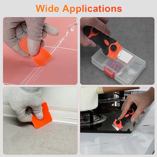 4 in 1 Silicone Caulking Tool Kit, Stainless Steel Caulk Remover Tool | for Various Surfaces, 3 Caulk Fishing Tool, 5 Replaceable Silicone Pads, Protective Gloves, Remove, Apply & Finish Caulk - color: Silver-2