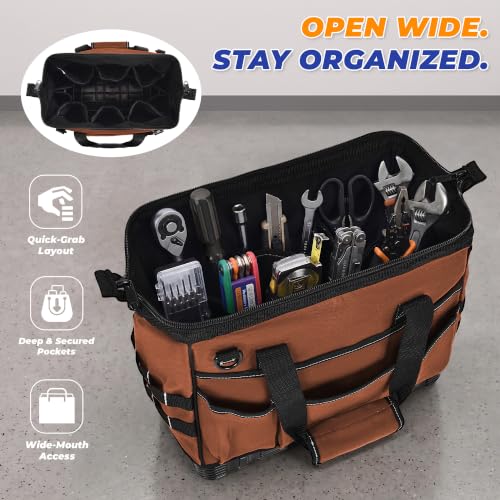 Heavy Duty Canvas Tool Bag, Wide Mouth Tool Tote Organizer - color: Brown