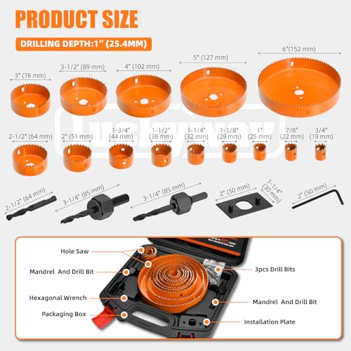 Luckyway Hole Saw Kit Pro 24PCS 3/4"-6" Hole Saw for Softwood, Drywall, PVC