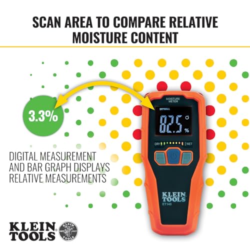 Klein Tools ET140 Pinless Moisture Meter for Non-Destructive Moisture Detection in Drywall, Wood, and Masonry; Detects up to 3/4-Inch Below Surface - style: Moisture Meter