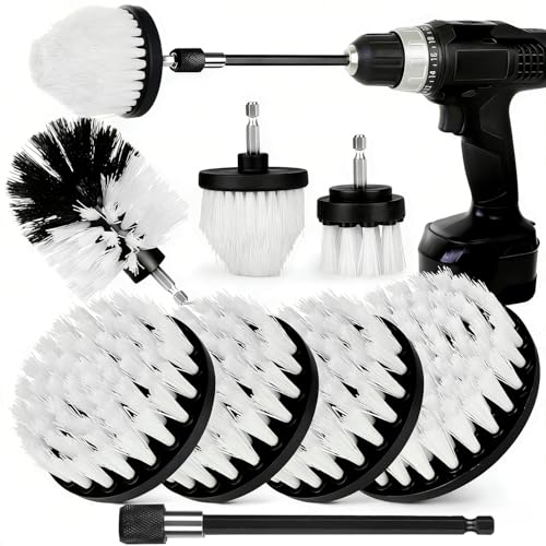 8 Pack Drill Brush Attachment Set,1/4in Power Scrubber Brush + Extend Long Rod, Power Cleaning Scrub Brush for Bathroom, Tub, Tile, Floor, Grout, Boat(White) - color: White