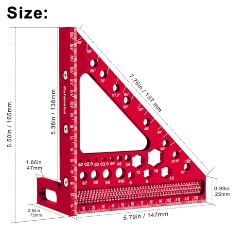 6.5'' Metric 3D Multi-Angle Measuring Ruler, Aluminum Carpenter Square for Woodworking, 15°-90° Layout Tool, Drawing Line Ruler for Precise Marking and Cutting(mm)