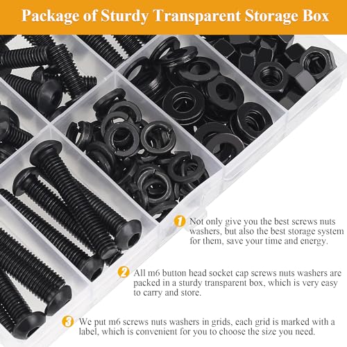 172 Pieces M6 Screws Nuts Washers Set Black, Sutemribor M6 x 8/10/12/16/20/25/30mm Button Head Socket Cap Screws Nuts Washers Assortment Kit, 10.9 Grade Alloy Steel, Fully Threaded - size: M6 Screws Kit, style: Button Head