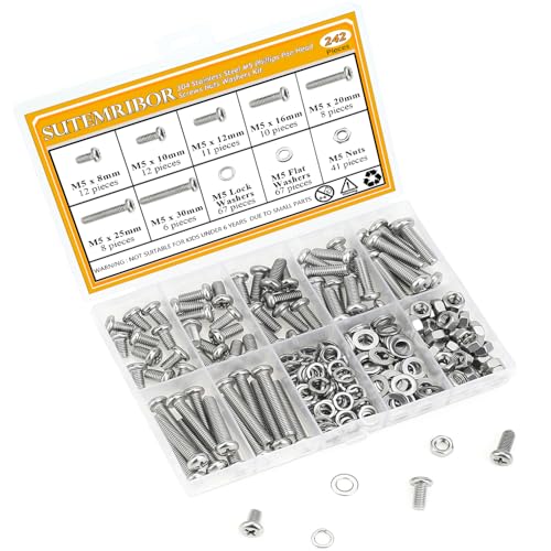 242 Pieces M5 Machine Screws Nuts Washers Set, Sutemribor M5 x 8/10/12/16/20/25/30mm Phillips Pan Head Machine Screws Nuts Washers Assortment Kit, 304 Stainless Steel, Fully Threaded - size: M5 Screws Kit, style: Phillips Pan Head