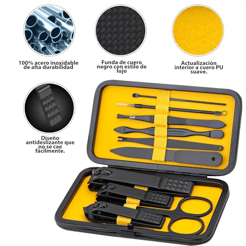 Glamne Manicure Set Nail Clippers Kit Professional Stainless Steel Nail Care Tools with Leather Travel Case 10 in 1 Yellow - color: Yellow